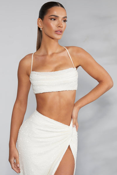 Embellished Cross Back Crop Top in Ivory