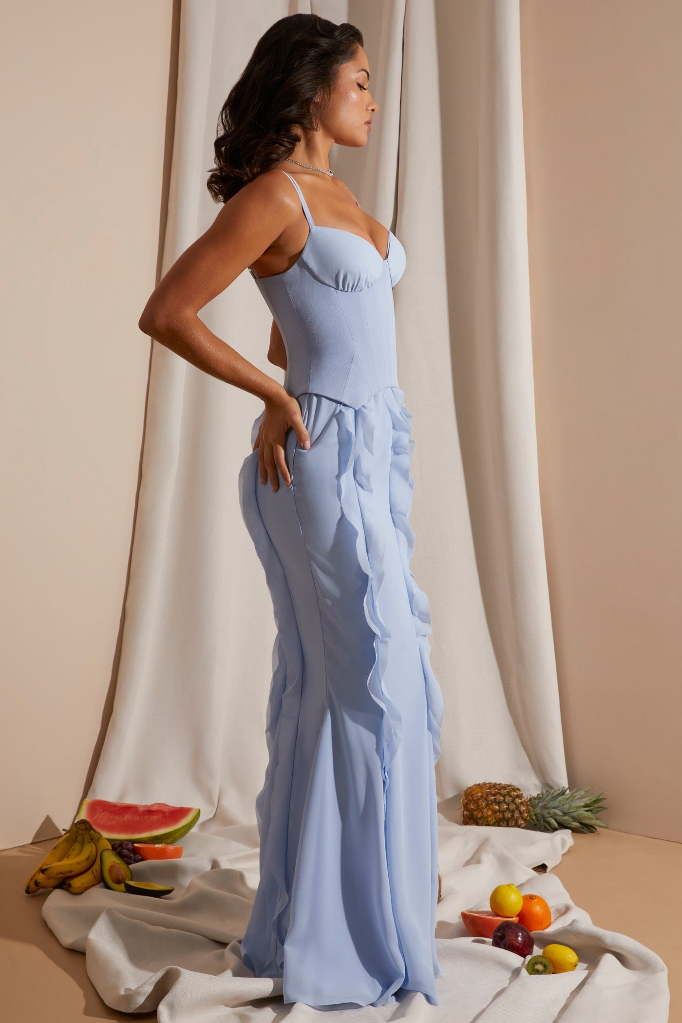 Corset Frill Skirt Maxi Dress in Blue