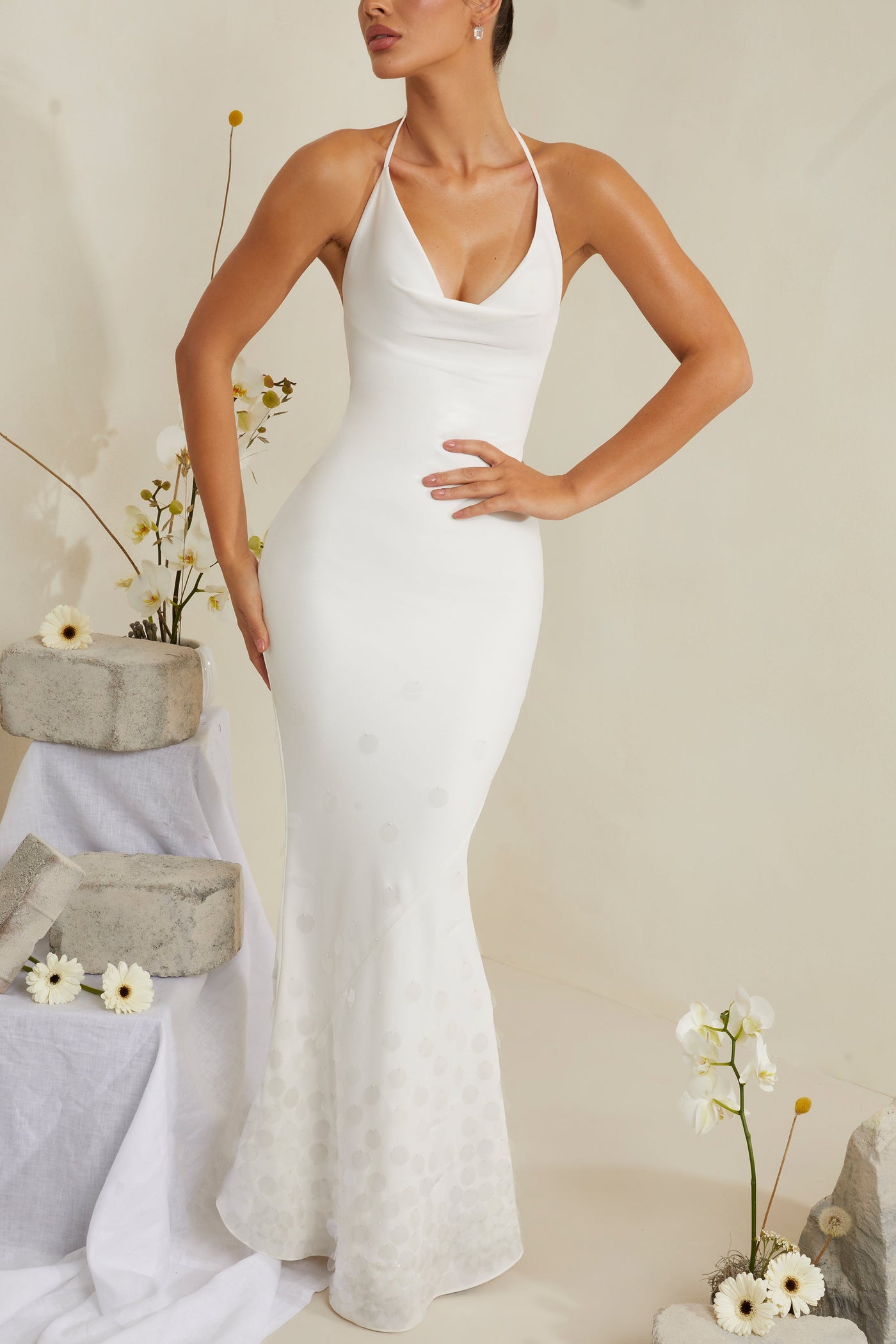 Cowl Neck Embellished Satin Maxi Dress in White