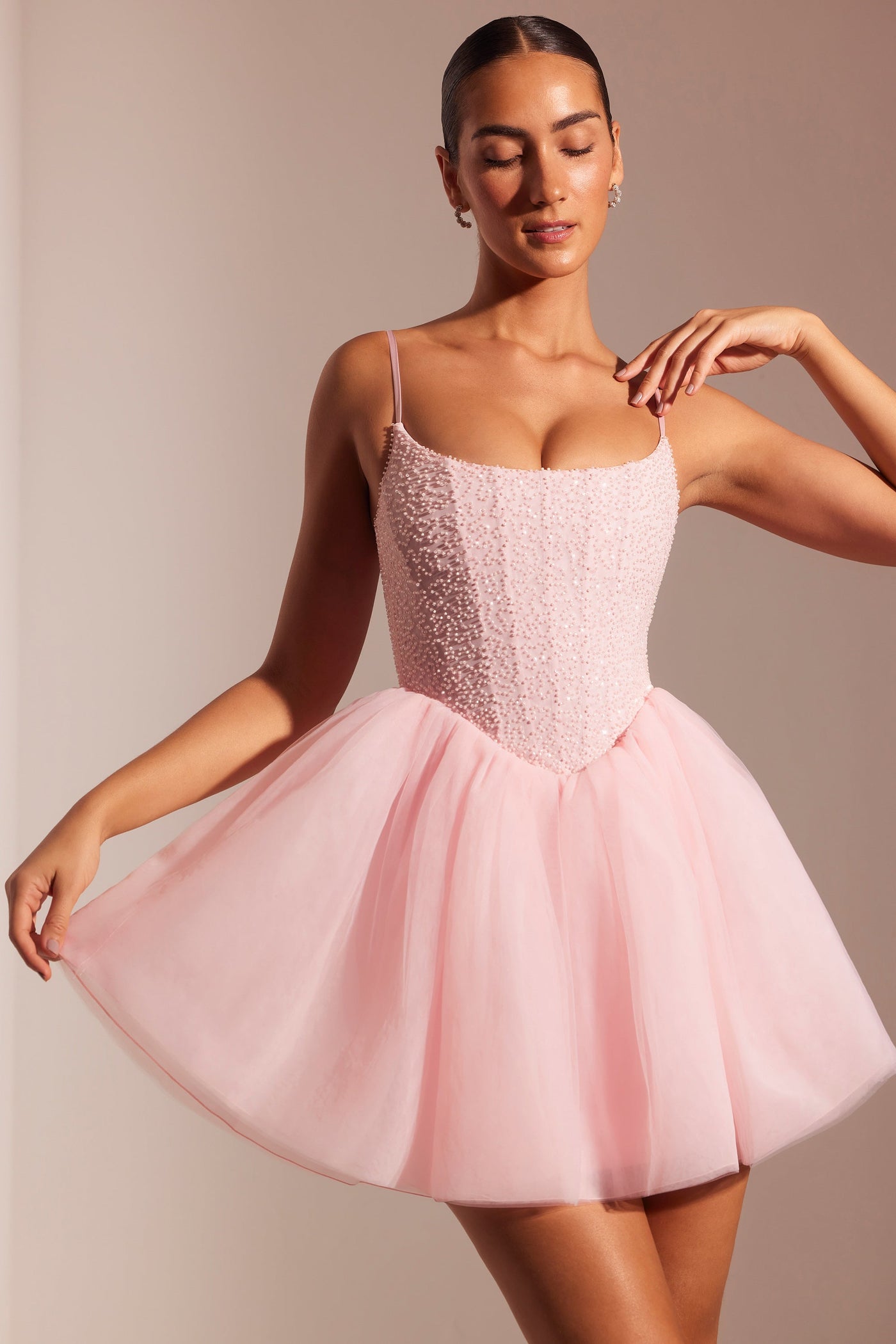 Embellished Corset Tulle Skirt Mini Dress in Blush