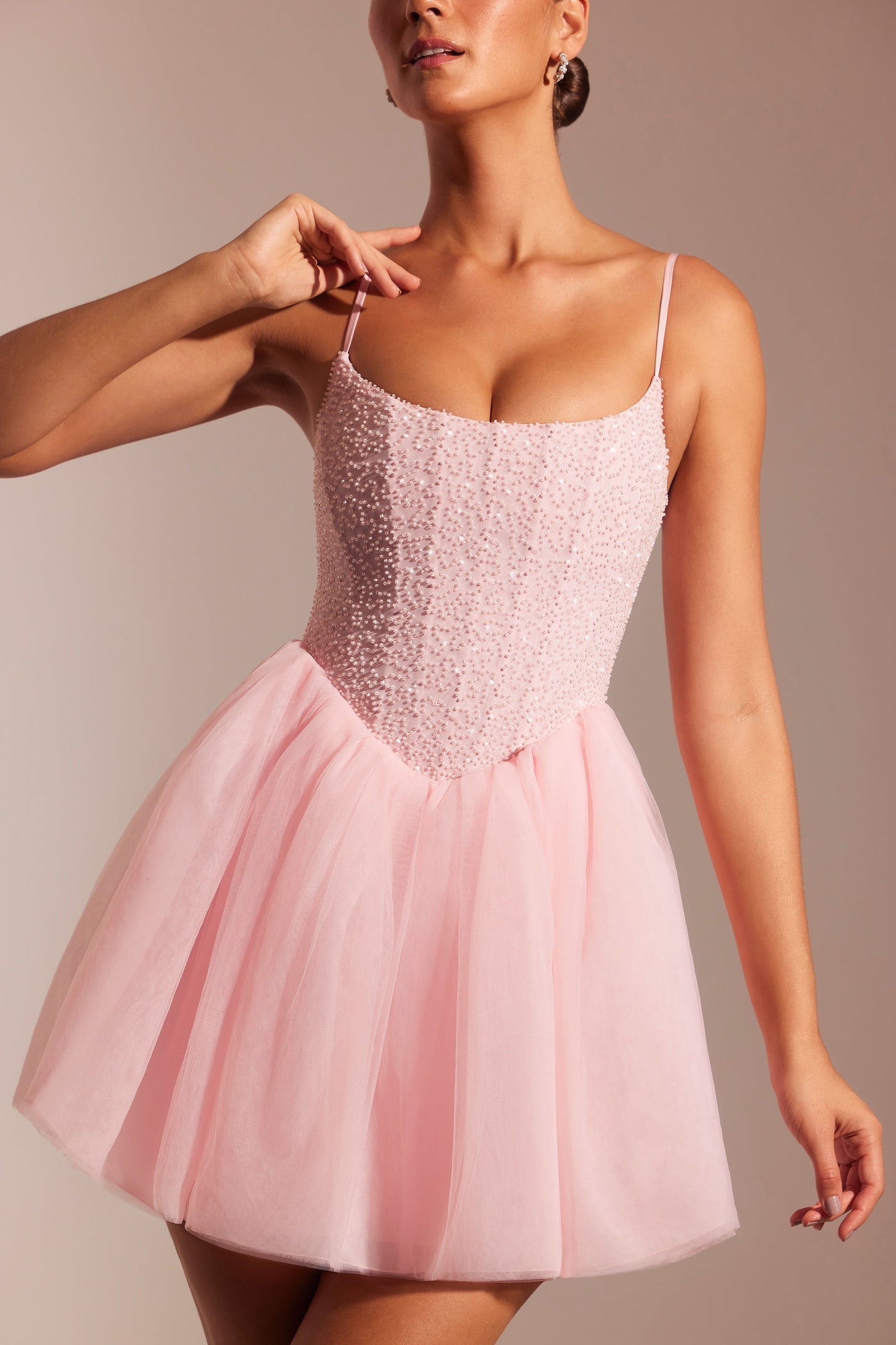 Embellished Corset Tulle Skirt Mini Dress in Blush