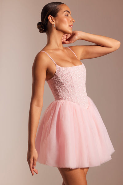 Embellished Corset Tulle Skirt Mini Dress in Blush