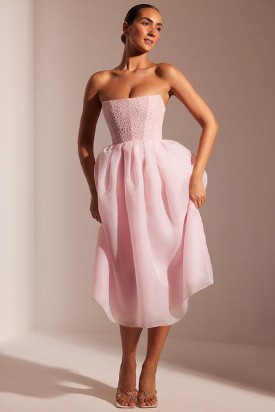 Embellished Corset Tulle Skirt Midi Dress in Blush