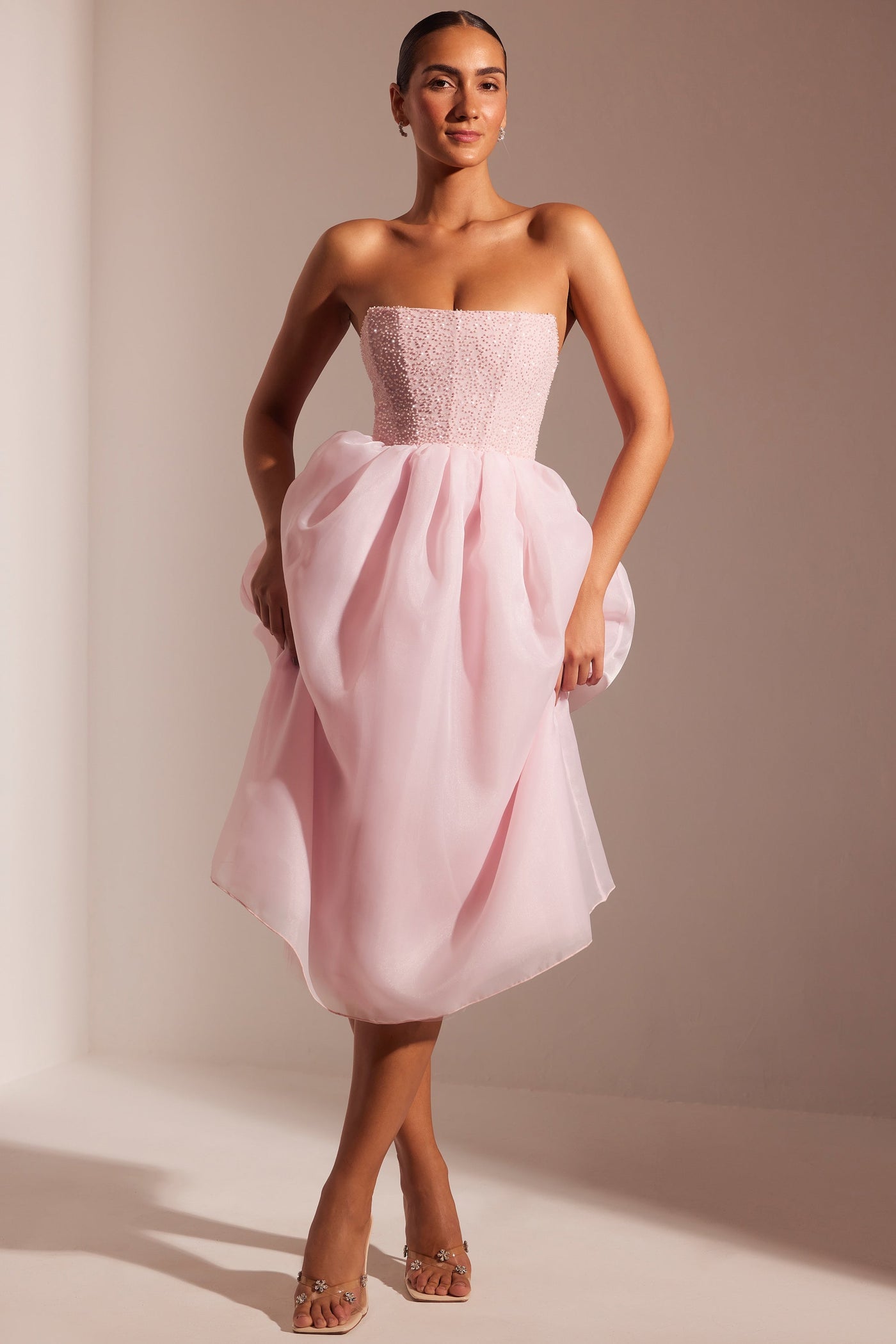 Embellished Corset Tulle Skirt Midi Dress in Blush