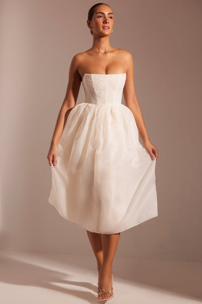 Embellished Corset Tulle Skirt Midi Dress in Ivory