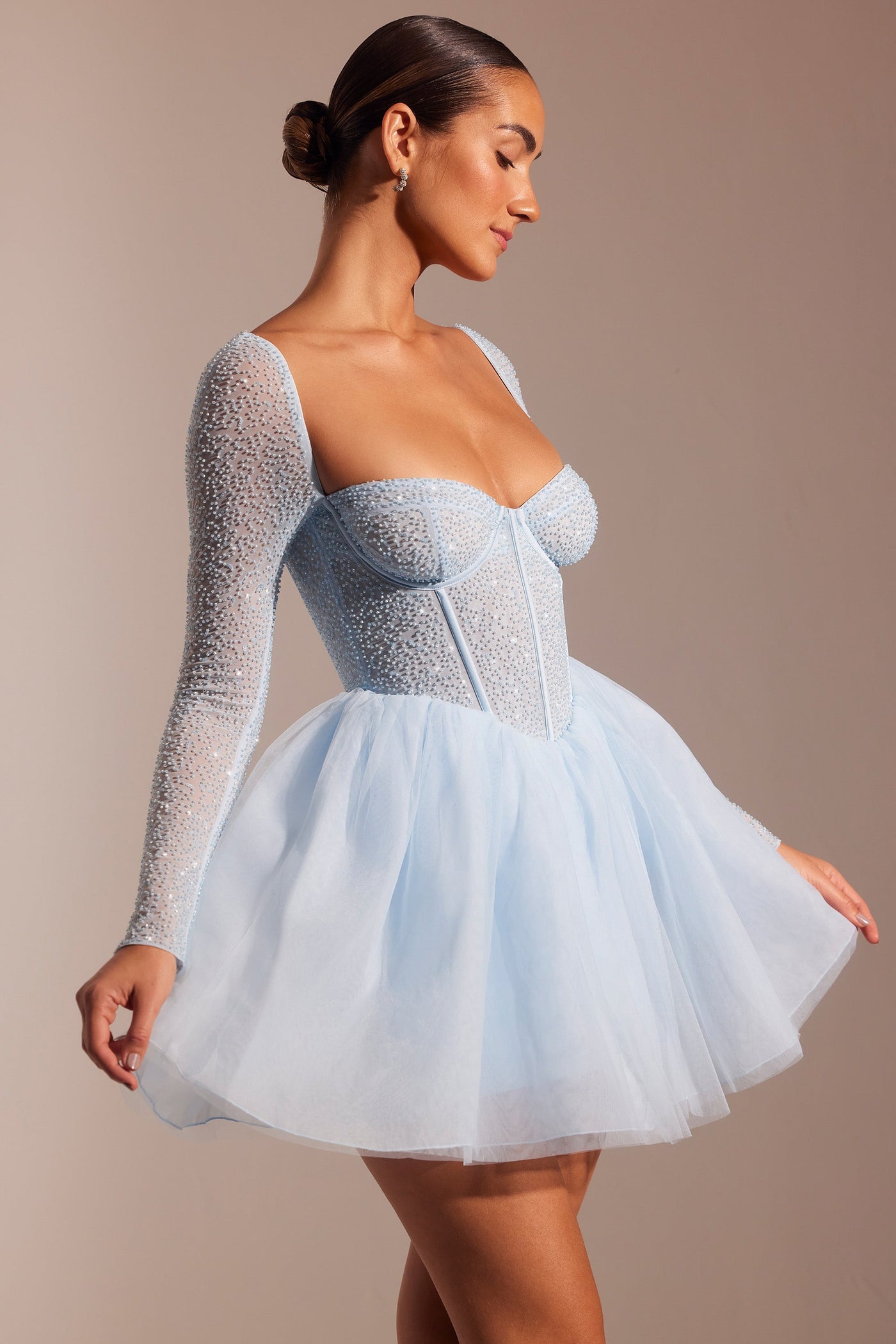 Embellished Long Sleeve Tulle Skirt Mini Dress in Blue