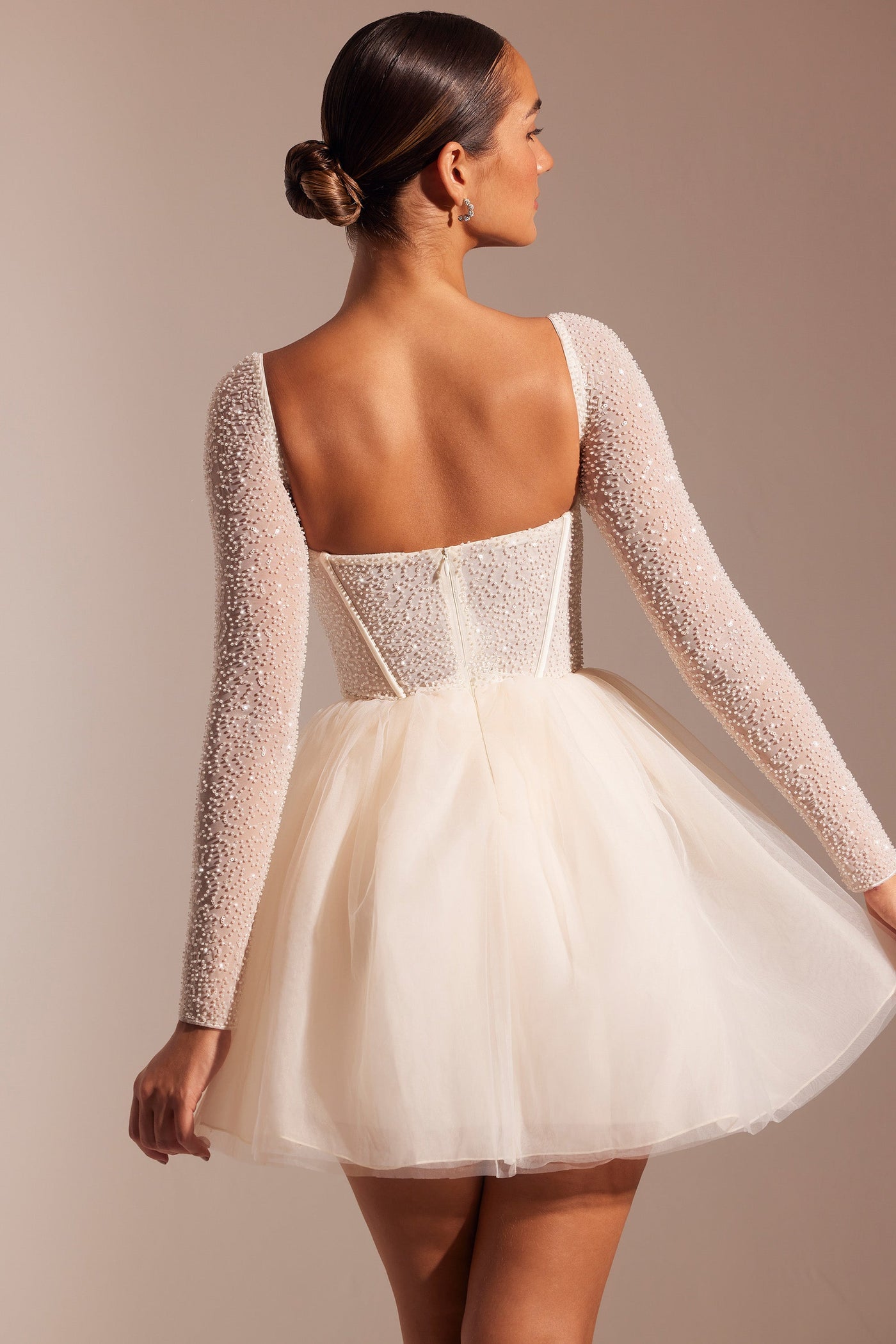 Embellished Long Sleeve Tulle Skirt Mini Dress in Ivory