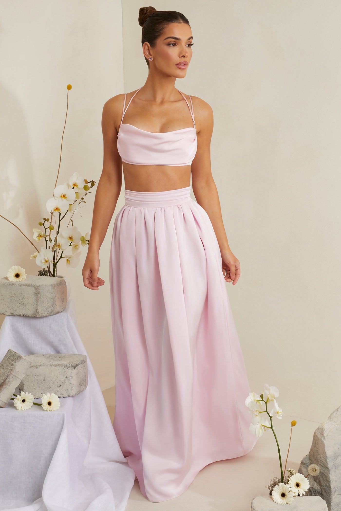 Cowl Neck Heavy Satin Crop Top in Pink