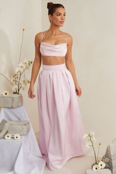 Cowl Neck Heavy Satin Crop Top in Pink