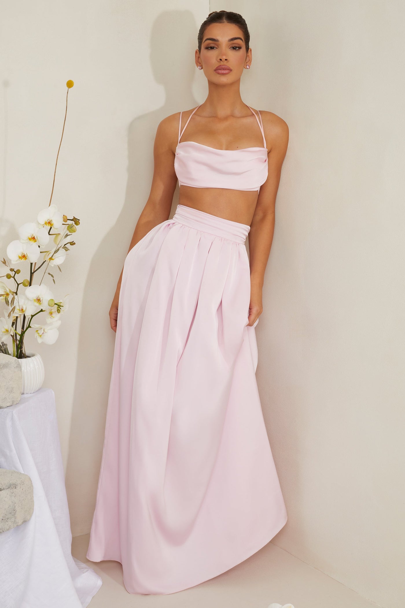 Cowl Neck Heavy Satin Crop Top in Pink