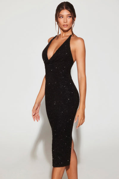 Embellished Plunge Halter Neck Midaxi Dress in Black