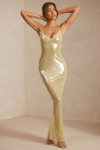 Sheer Sequin V-Neck Cut Out Back Evening Gown in Pistachio