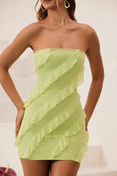 Bandeau Ruffle Detail Mini Dress in Lime Green