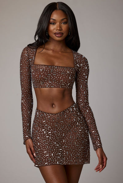 Sheer Embellished Long Sleeve Crop Top in Deep Cocoa