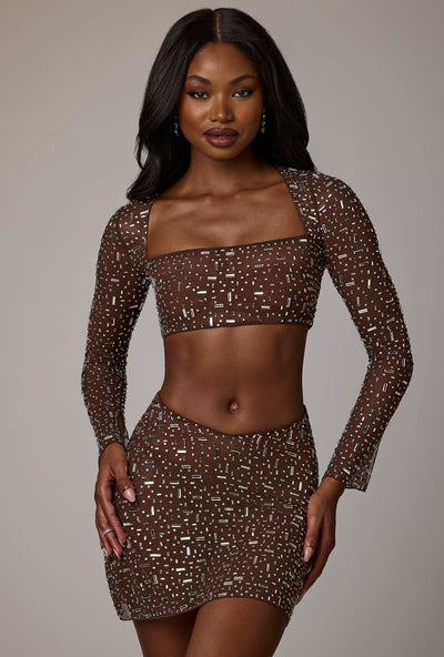 Sheer Embellished Long Sleeve Crop Top in Deep Cocoa