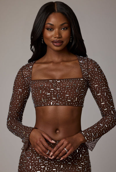 Sheer Embellished Long Sleeve Crop Top in Deep Cocoa