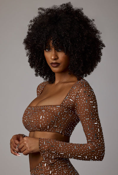 Sheer Embellished Long Sleeve Crop Top in Mocha