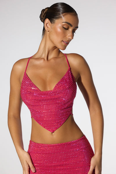 Embellished Cowl Neck Open Back Crop Top in Hot Pink