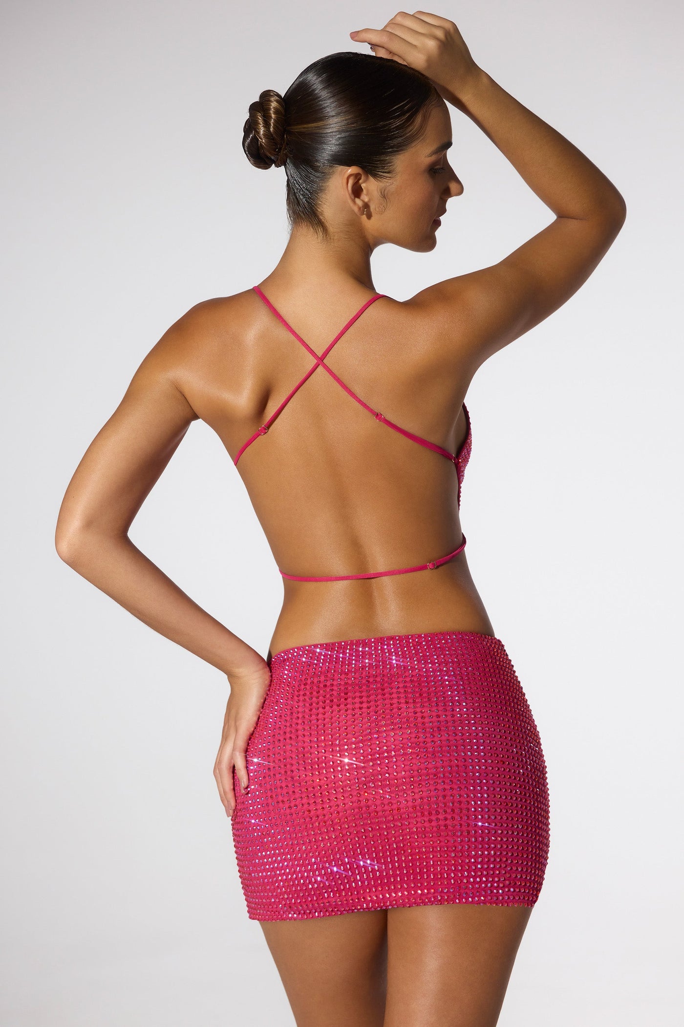 Embellished Cowl Neck Open Back Crop Top in Hot Pink