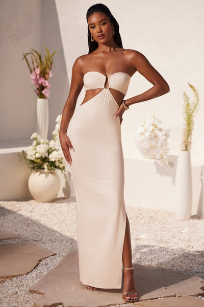 Ruched Hardware Detail Bandeau Floor Length Dress in Ivory