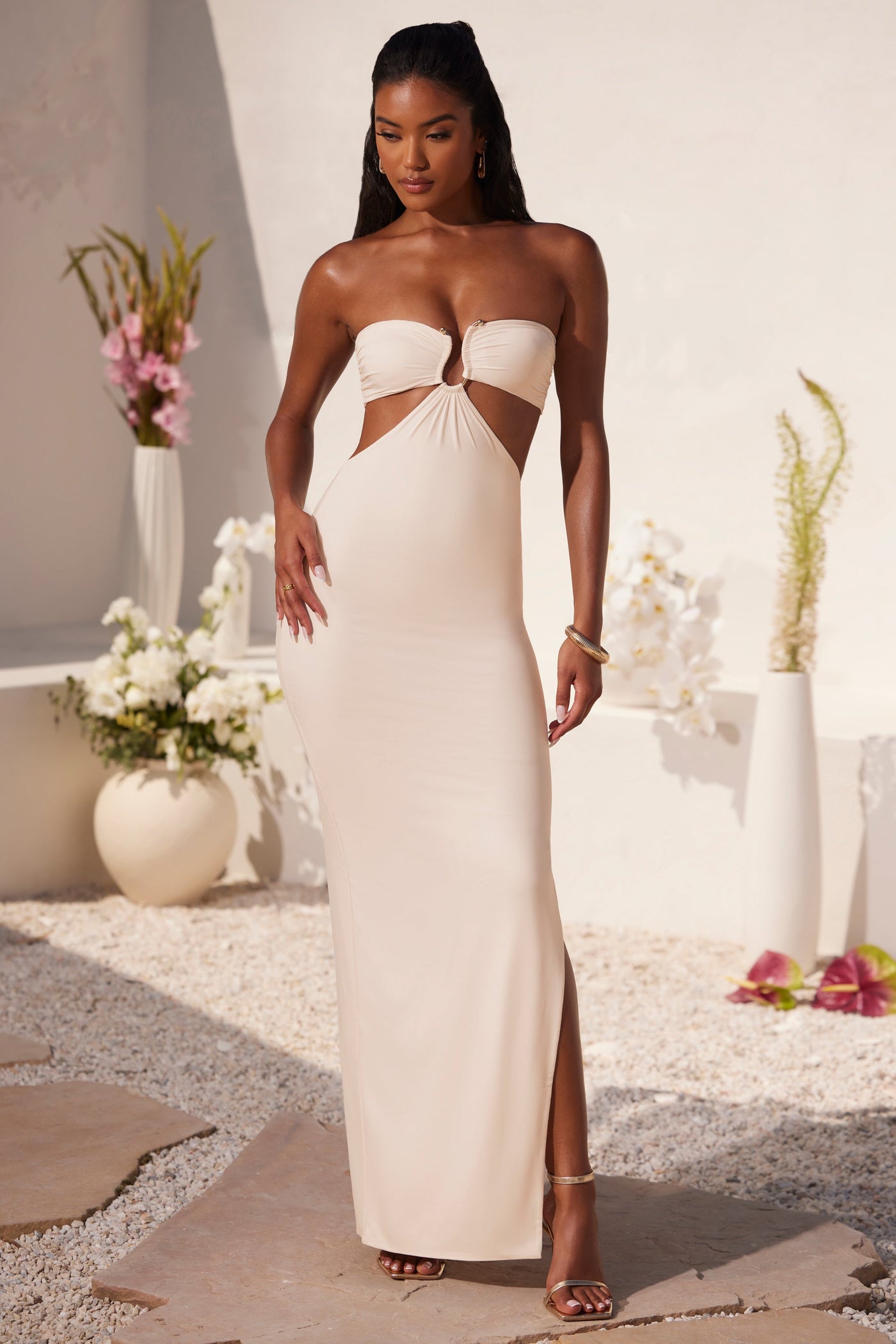 Ruched Hardware Detail Bandeau Floor Length Dress in Ivory