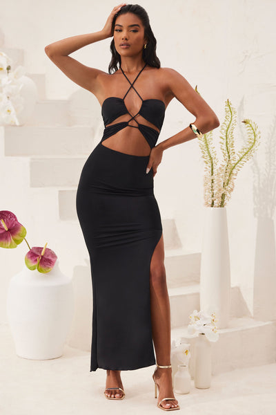 Cut Out Halter Neck Floor Length Maxi Dress in Black