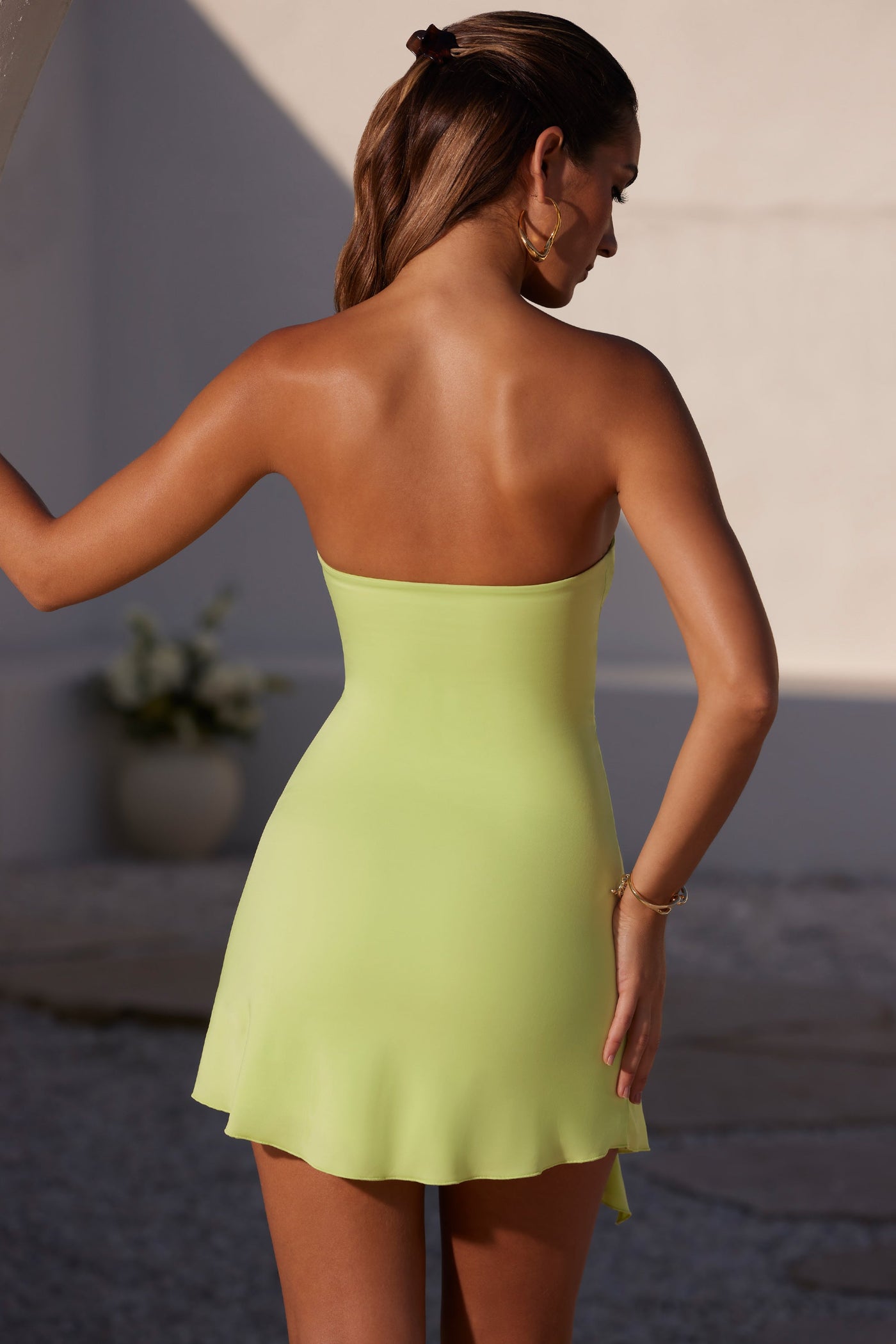 Bandeau Ruched Split Mini Dress in Lime Green