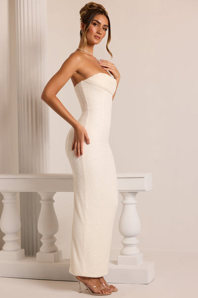 Embellished Bandeau Cowl Neck Maxi Dress in White