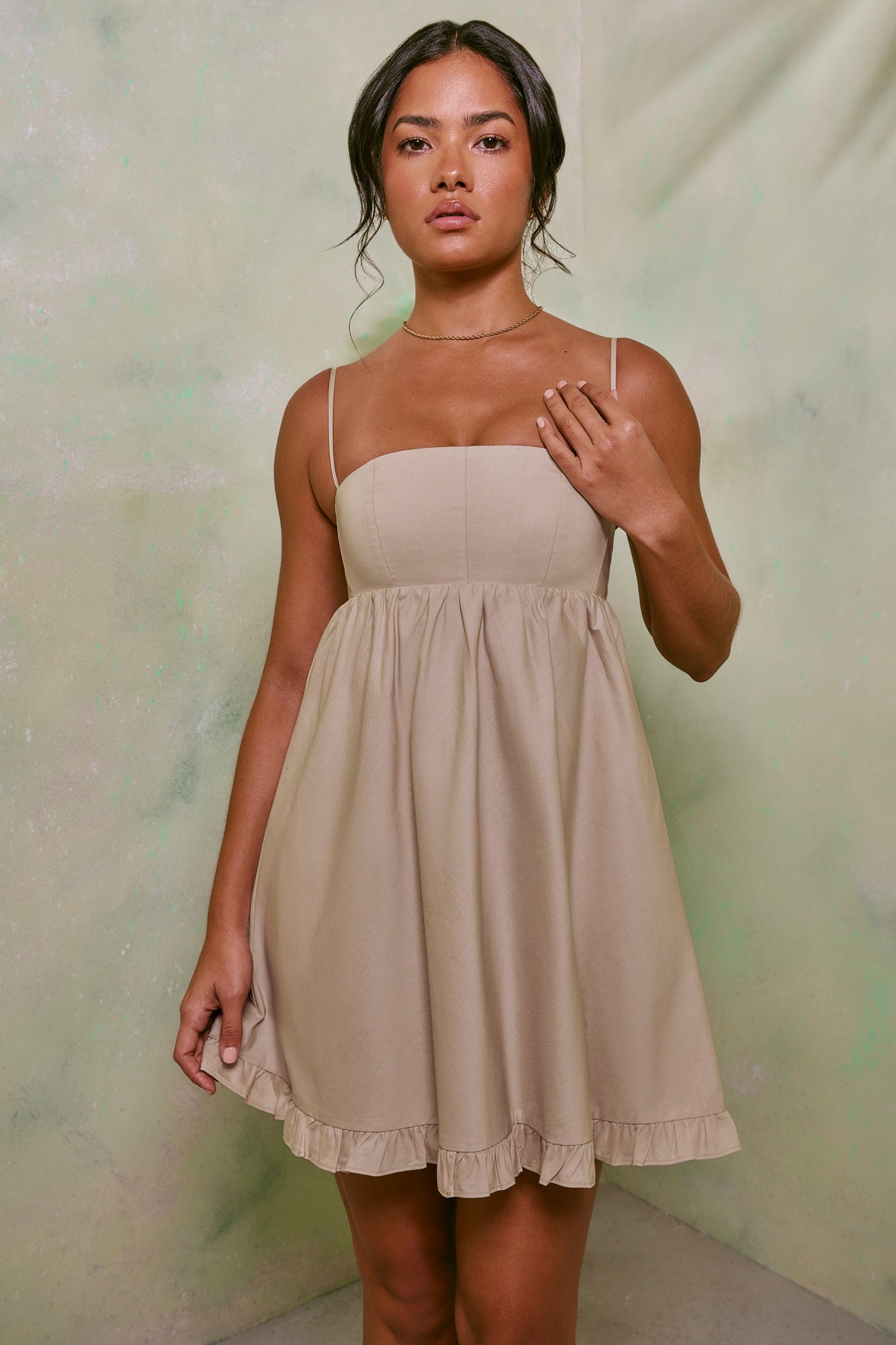 Empire Waist Cotton A-Line Mini Dress in Sand