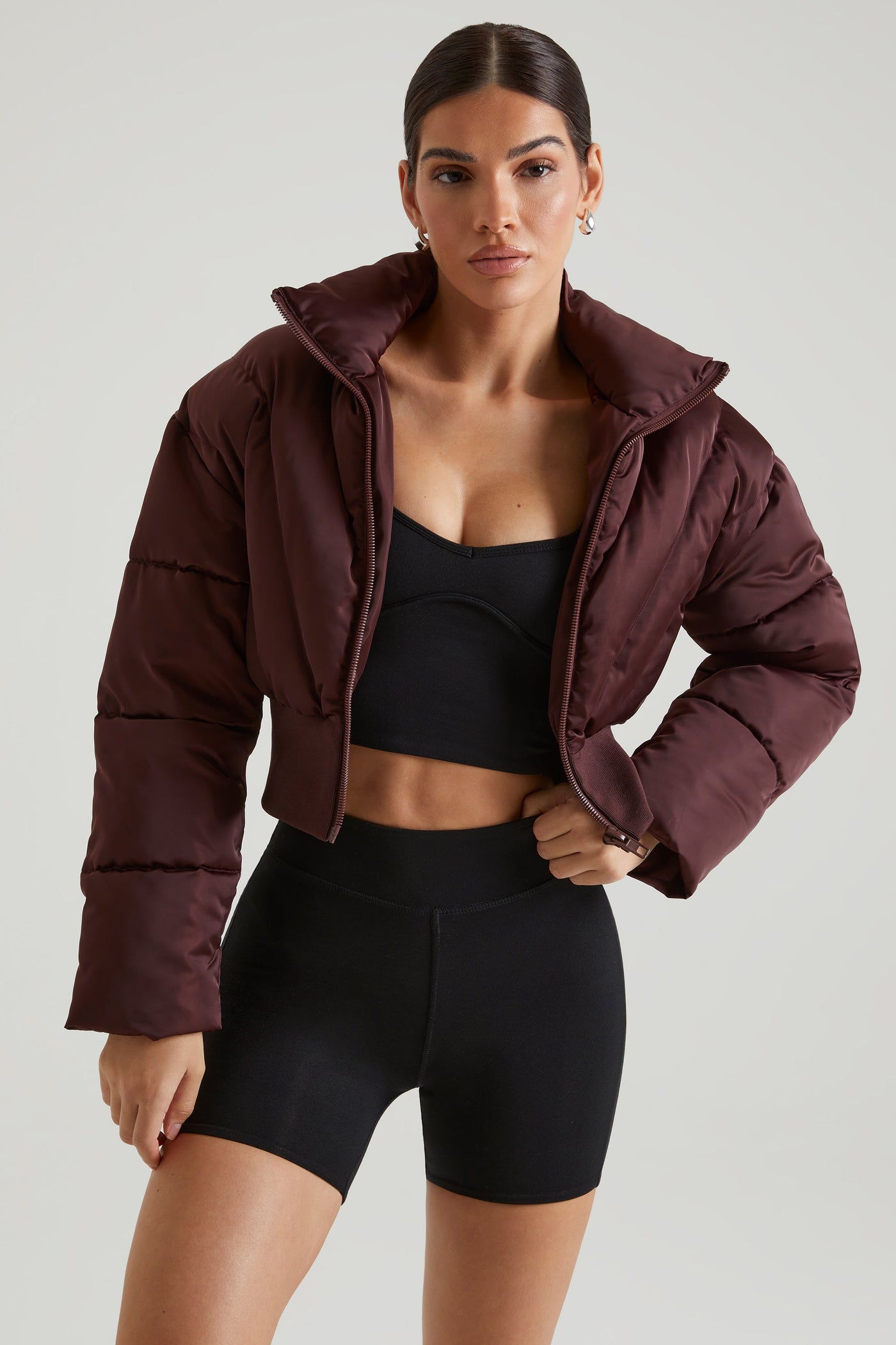 Ribbed Puffer Jacket in Brown