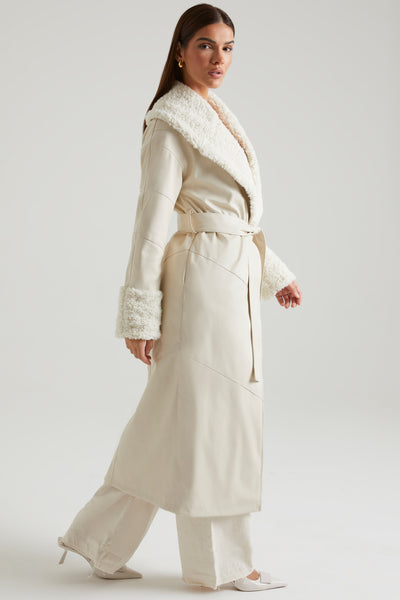 Tie Up Coat with Shearling Collar and Cuffs in Cream