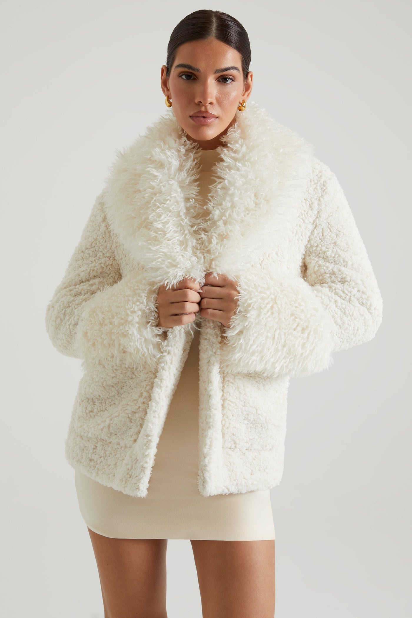 Shearling Coat with Large Front Pockets in Cream