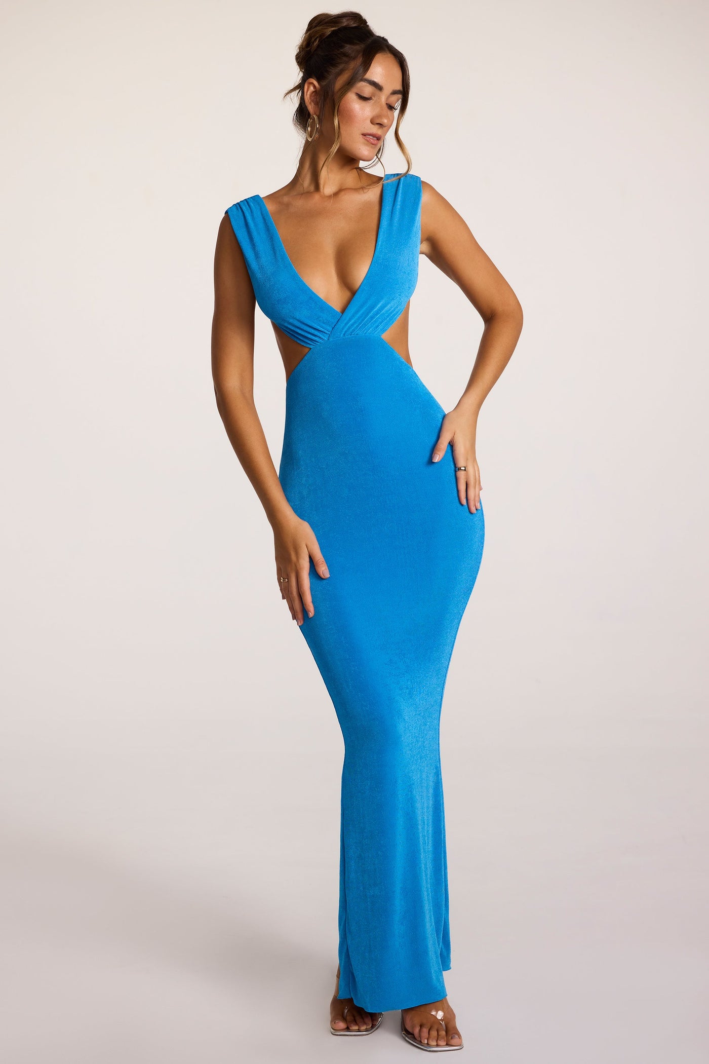 Textured Jersey Plunge Neck Maxi Dress in Cobalt Blue