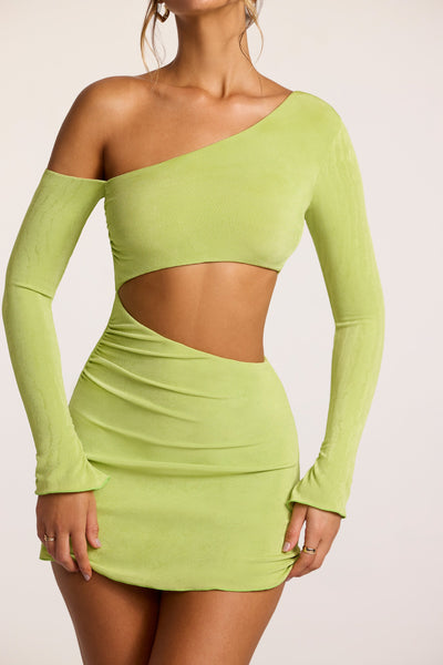 Textured Jersey Asymmetric Cut Out Mini Dress in Lime