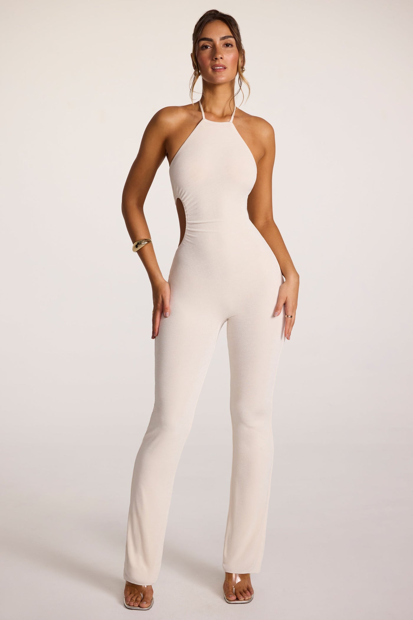 Textured Jersey Halter Neck Ruched Cut Out Jumpsuit in Ivory