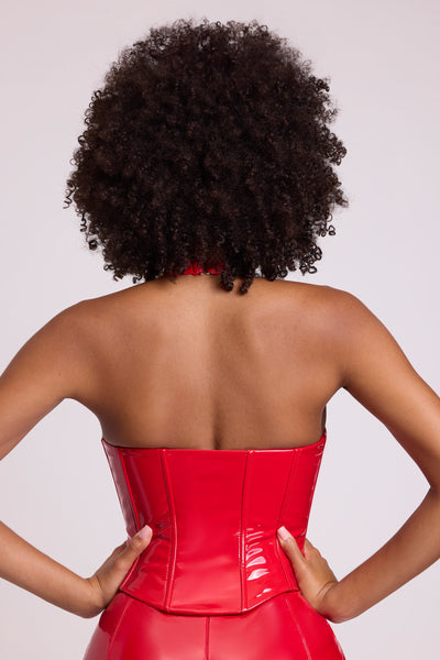 Vinyl Halter Neck Lace Up Corset Crop Top in Fire Red