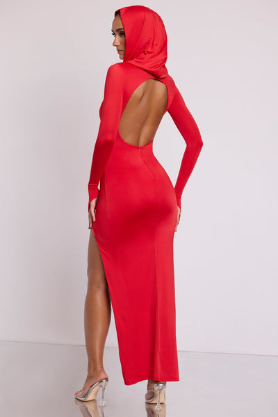 Hooded Long Sleeve Maxi Dress in Fire Red