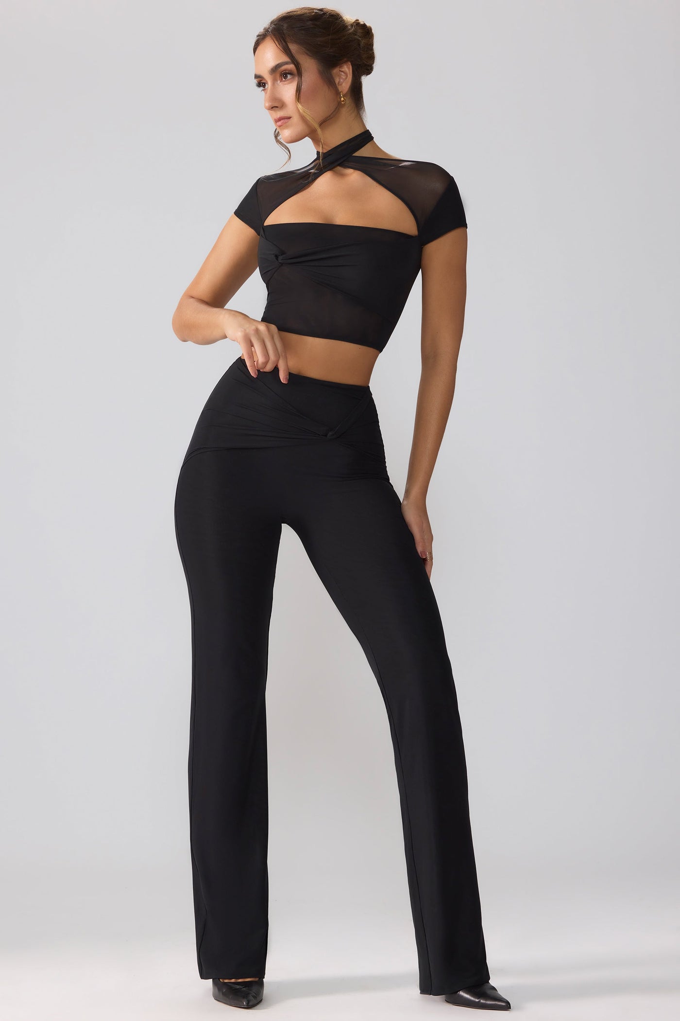 Mesh Mid Rise Twist Overlay Flare Trousers in Black