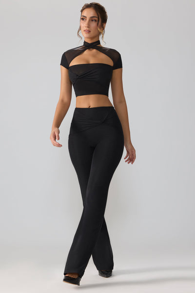 Mesh Mid Rise Twist Overlay Flare Trousers in Black