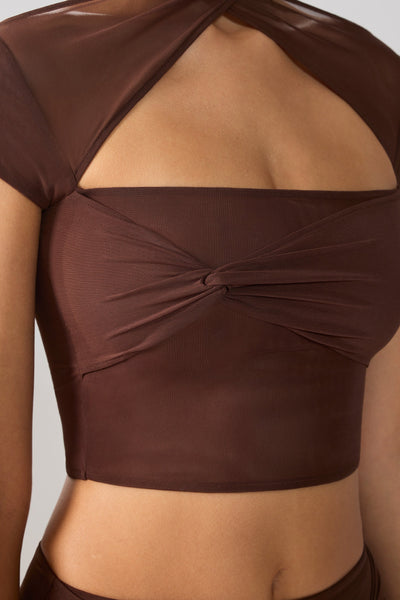 Mesh Cap Sleeve Cut Out Crop Top in Espresso