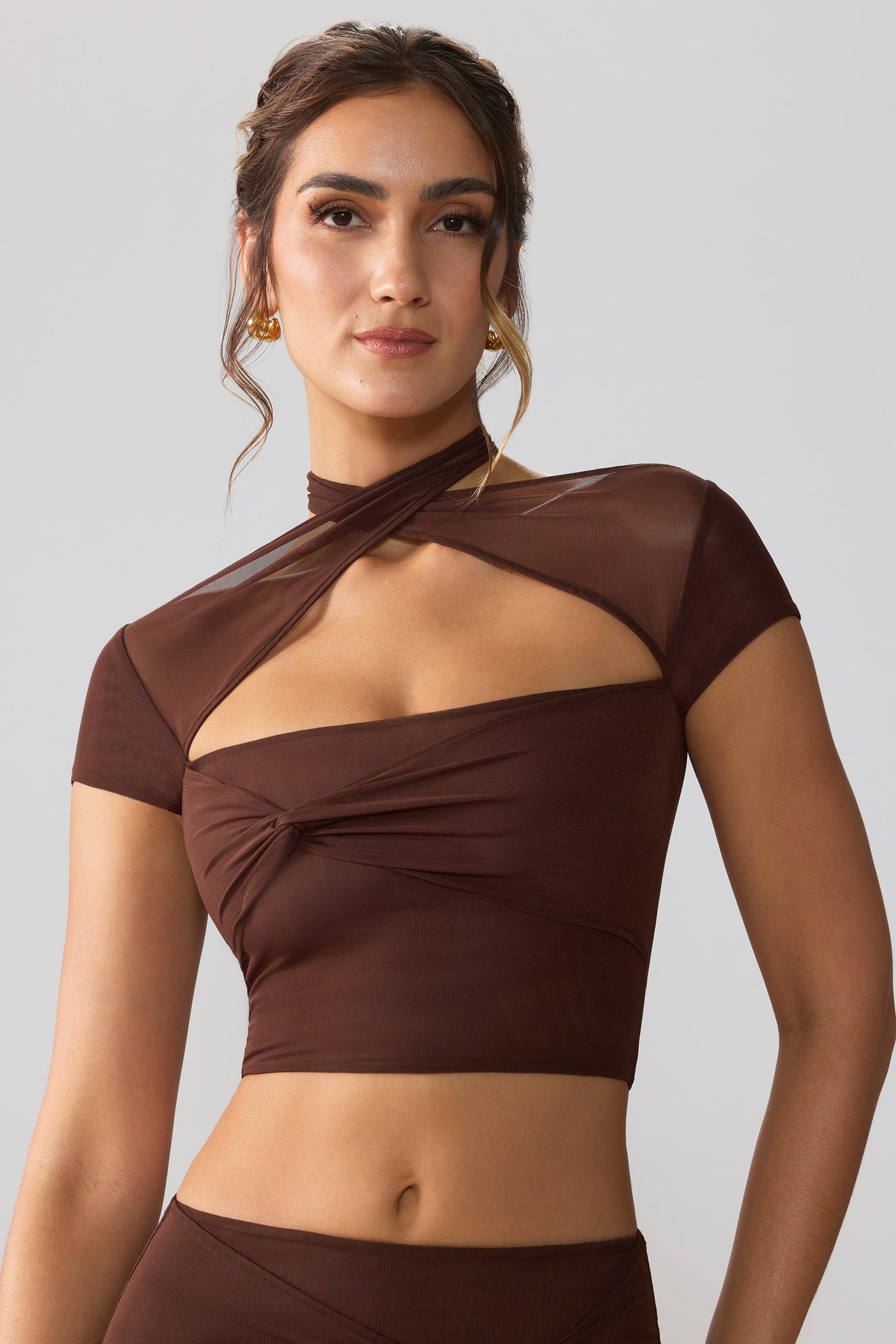 Mesh Cap Sleeve Cut Out Crop Top in Espresso