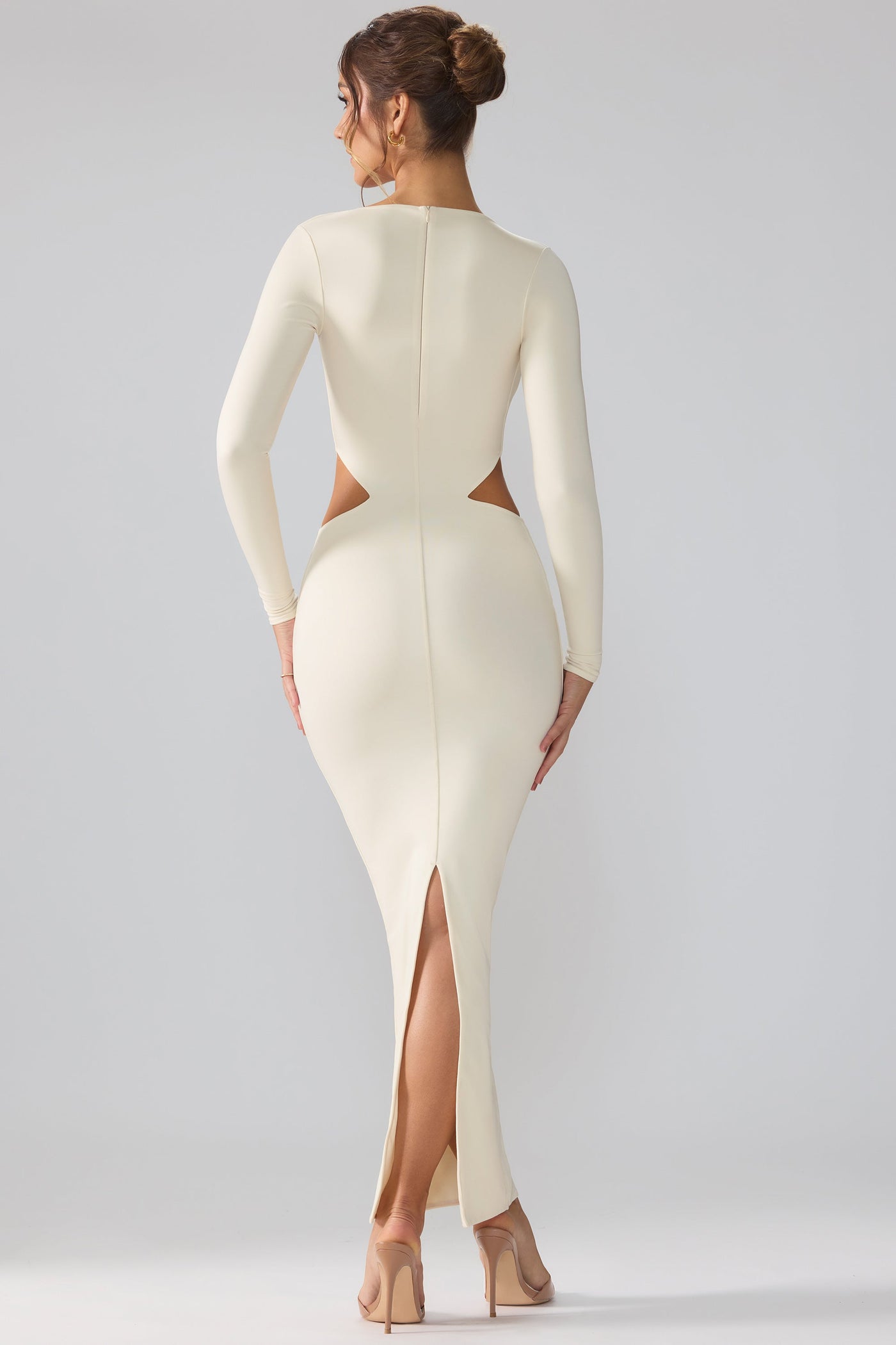 Premium Jersey Long Sleeve Cut Out Maxi Dress in Ivory