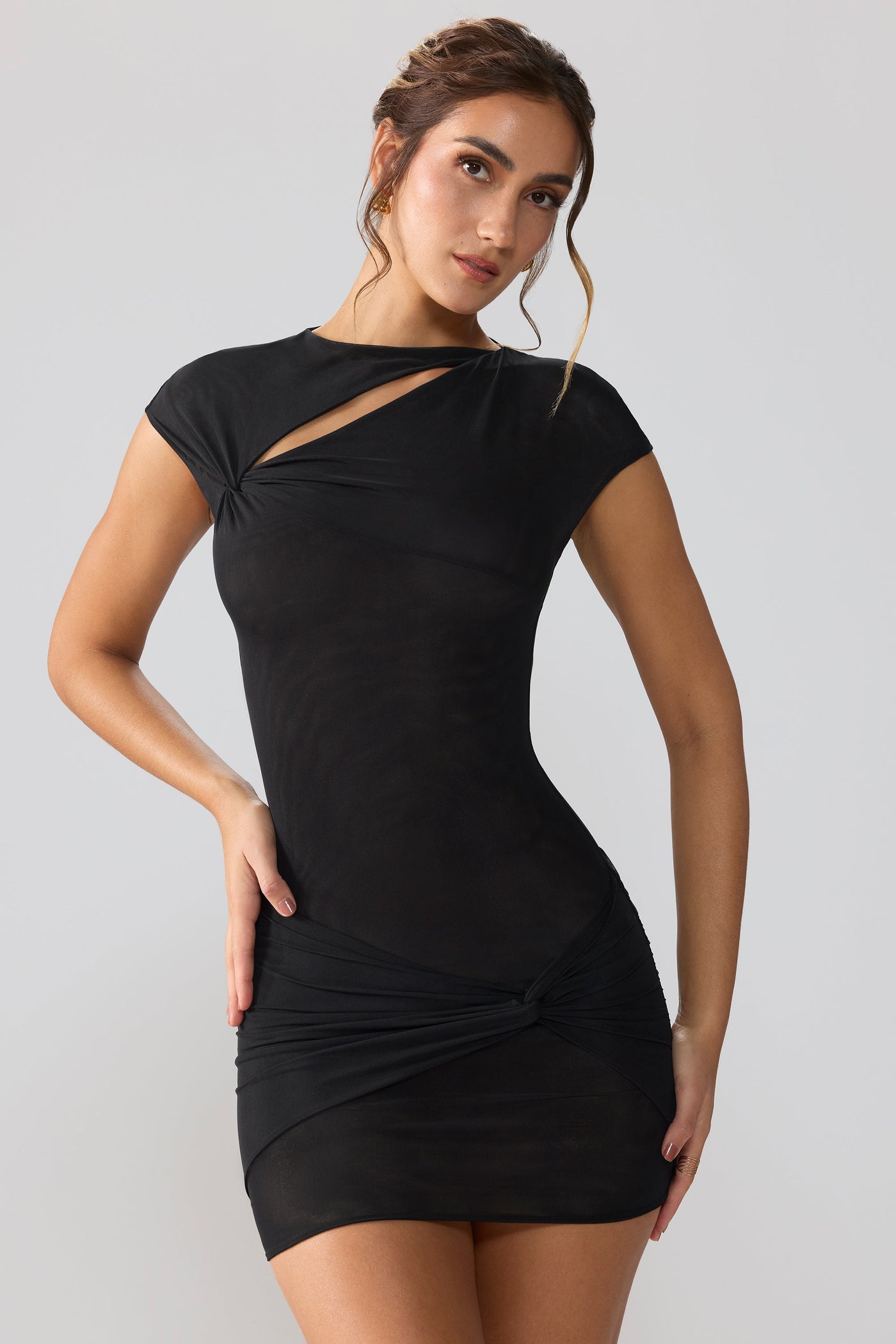 Mesh Cap Sleeve Cut Out Mini Dress in Black