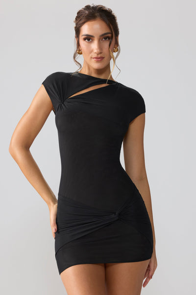 Mesh Cap Sleeve Cut Out Mini Dress in Black