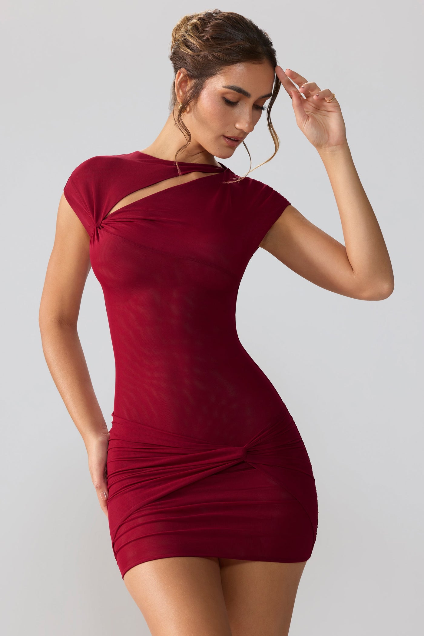 Mesh Cap Sleeve Cut Out Mini Dress in Ruby