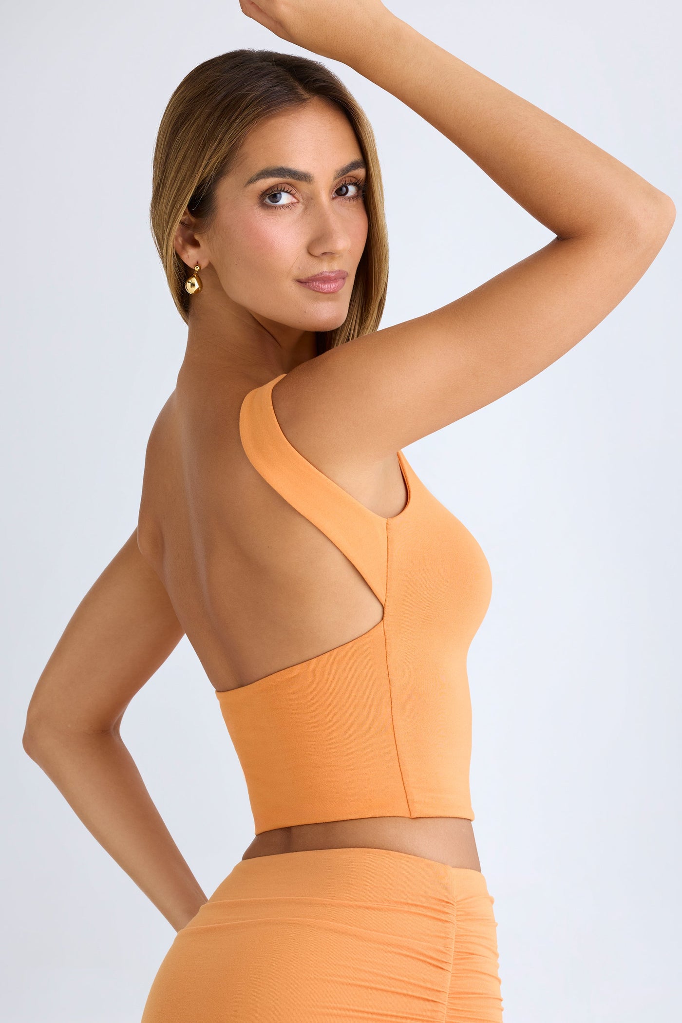 Modal High-Neck Open-Back Crop Top in Sunset Orange