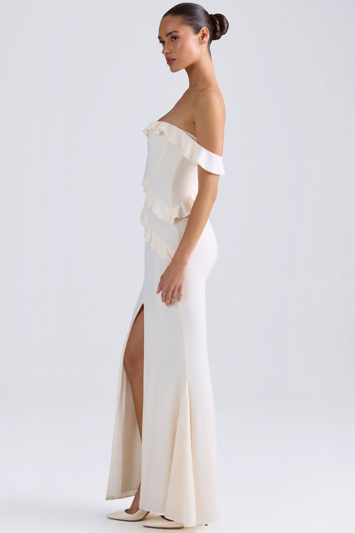 Off-Shoulder Ruffle-Trim Gown in Ivory