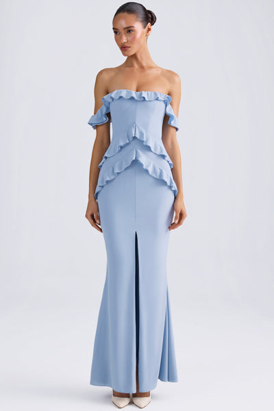 Off-Shoulder Ruffle-Trim Gown in Light Blue