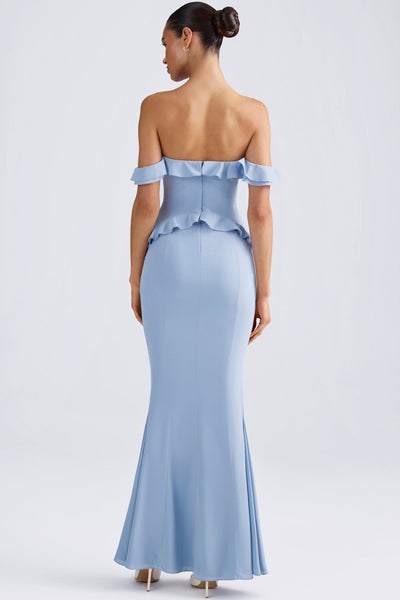 Off-Shoulder Ruffle-Trim Gown in Light Blue