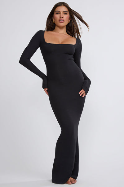 Ribbed Modal Long Sleeve Maxi Dress in Black